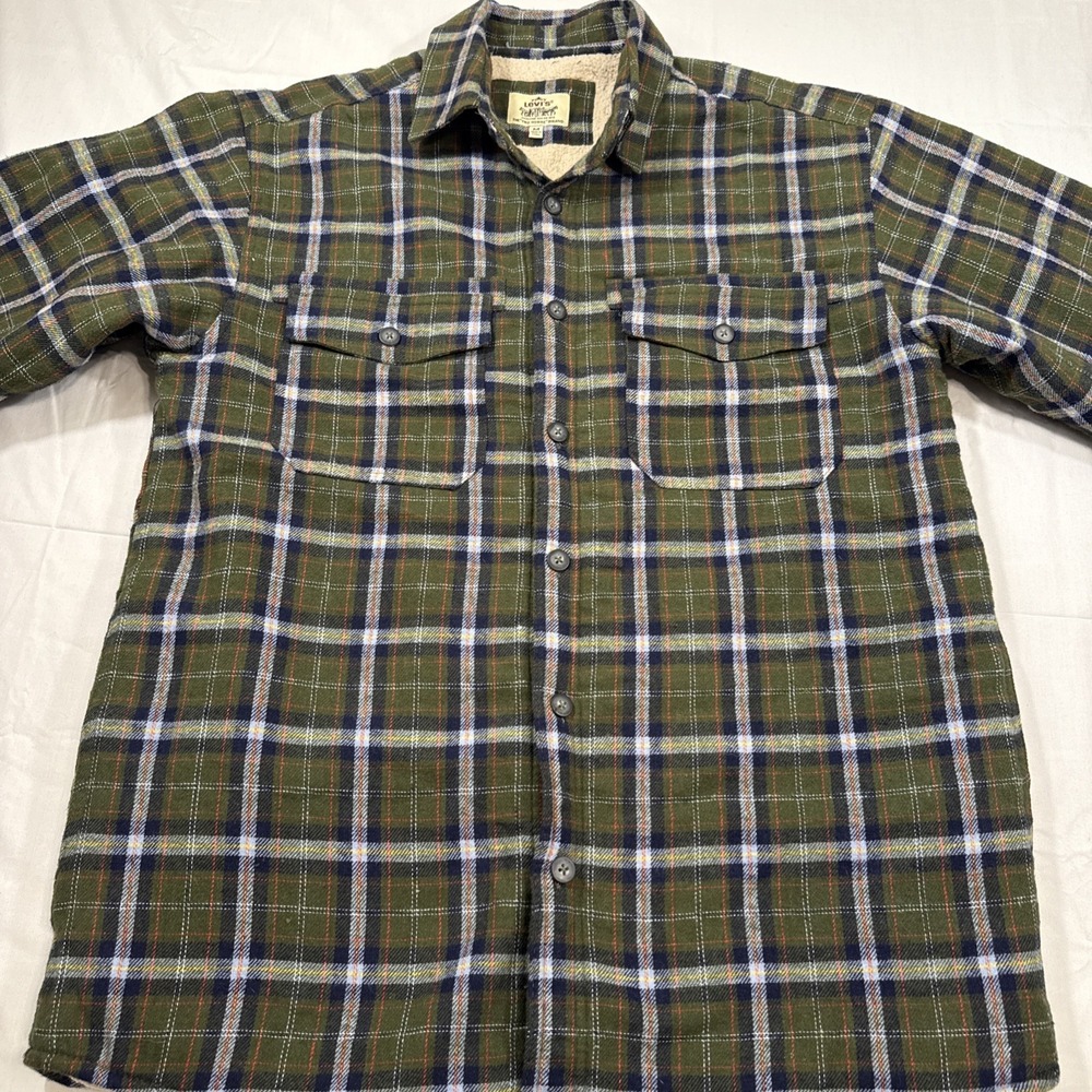 FLANNEL SHERPA LINED LEVIS Mens Medium Shacket JACKET FLAP‎ POCKETS COAT - Picture 2 of 10